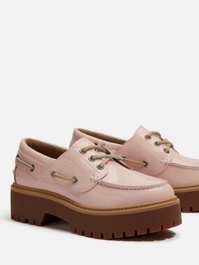 new Women's 8.5 Timberland Stone Street Platform Boat Shoe Pink patent leather